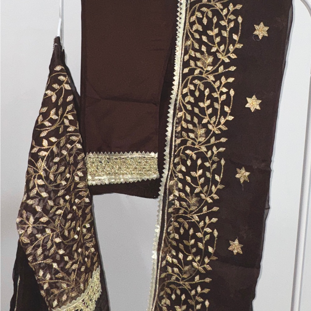Elegant Brown and Gold Embroidered Desi Suit - Picture 3 of 4